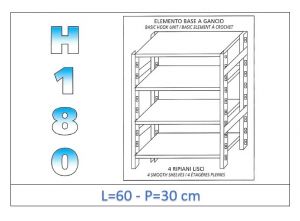IN-18G4696030B Shelf with 4 smooth shelves hook fixing dim cm 60x30x180h 